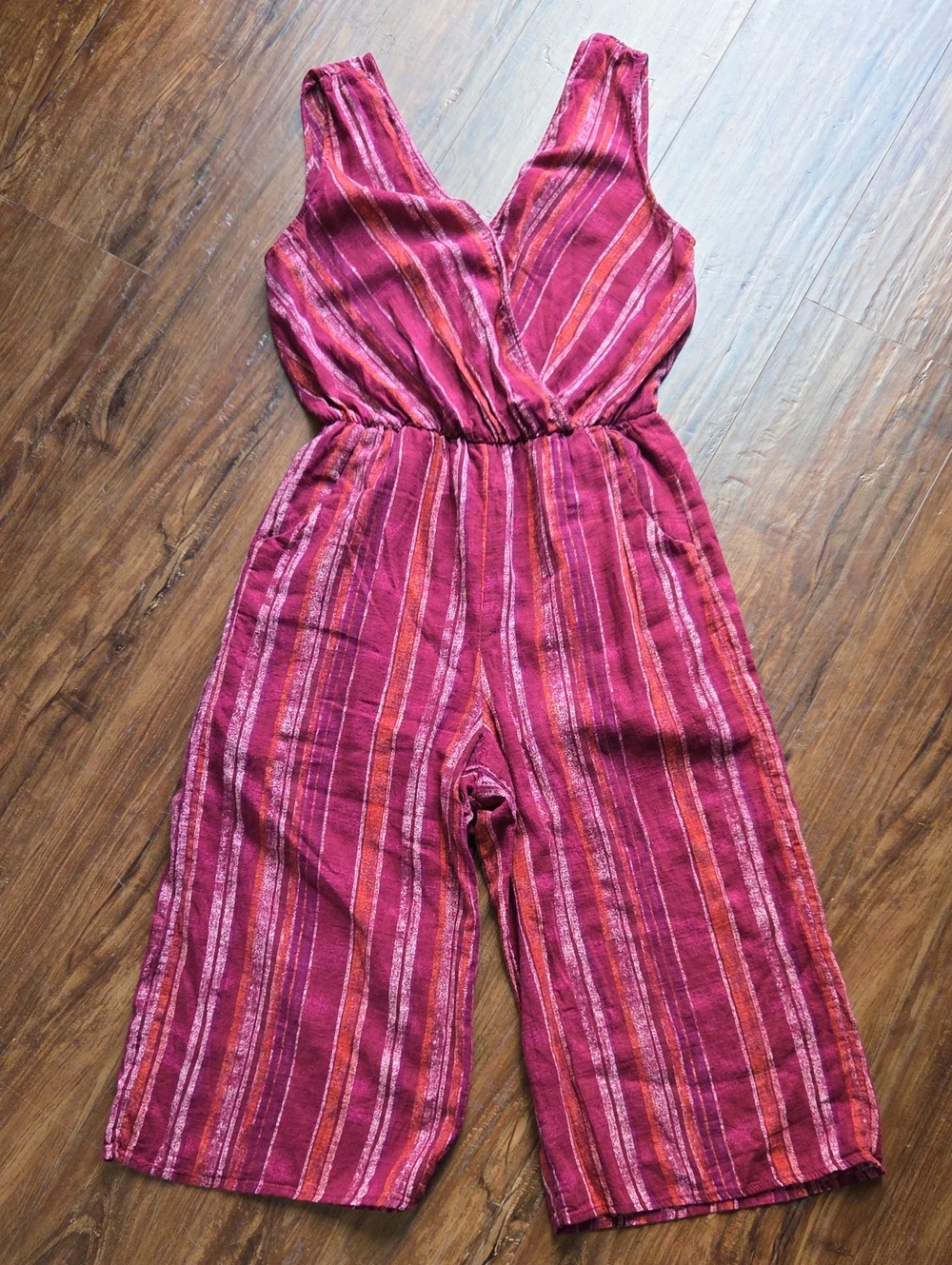 Universal Thread Sleeveless Striped V-Neck Jumpsuit in Raspberry and Coral